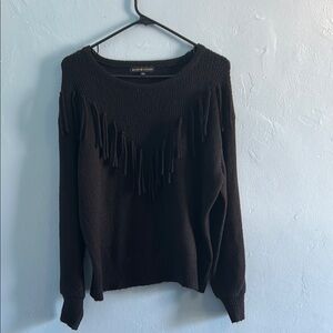Adrienne Vittadini Black Crew Neck Sweater with Fringe Detail